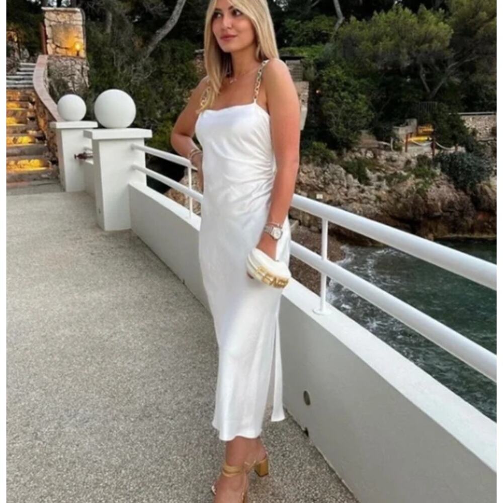 Zara White Satin Effect Spaghetti Strap Maxi / Midi Dress with Slit Size Small - Picture 3 of 11